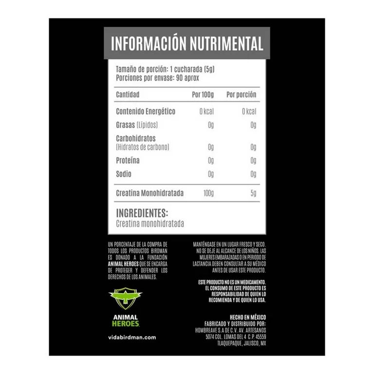 Birdman Creatina Monohidratada en Polvo 90 Servicios