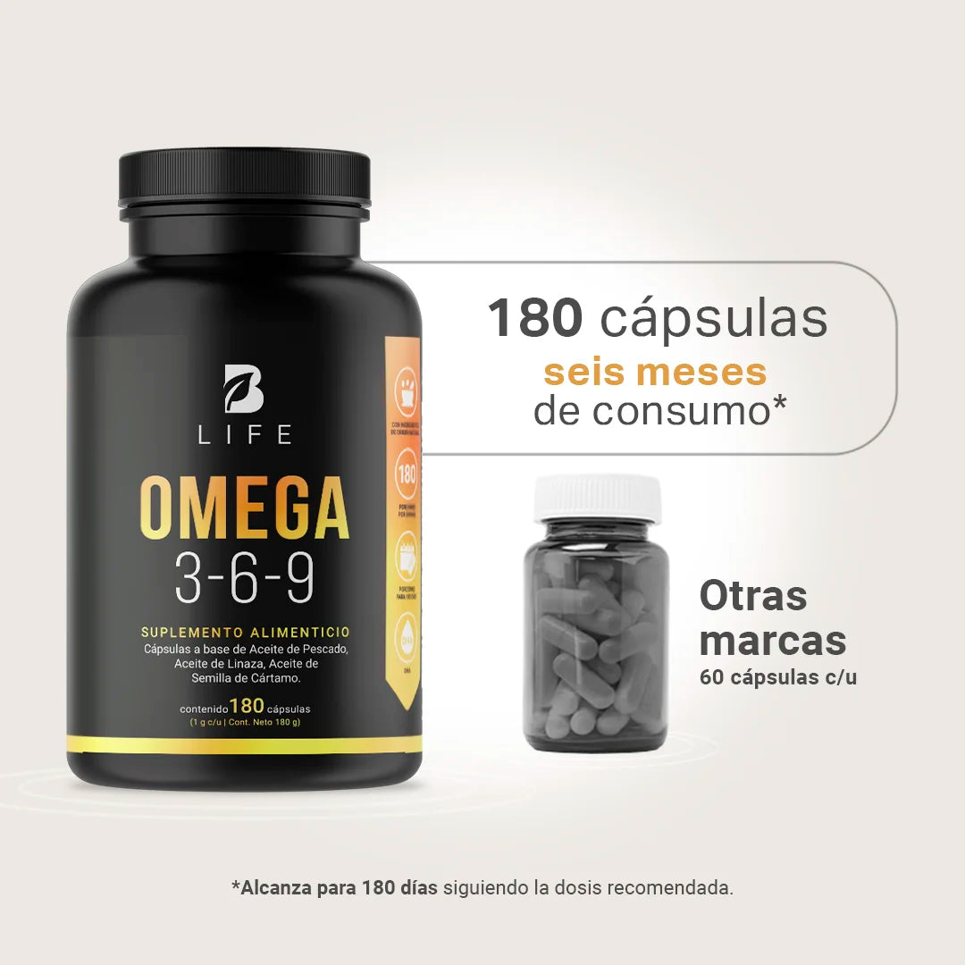 Omega 3-6-9 con Aceite de Pescado (EPA y DHA), Linaza y Cártamo | 1000 mg por Porción | B Life