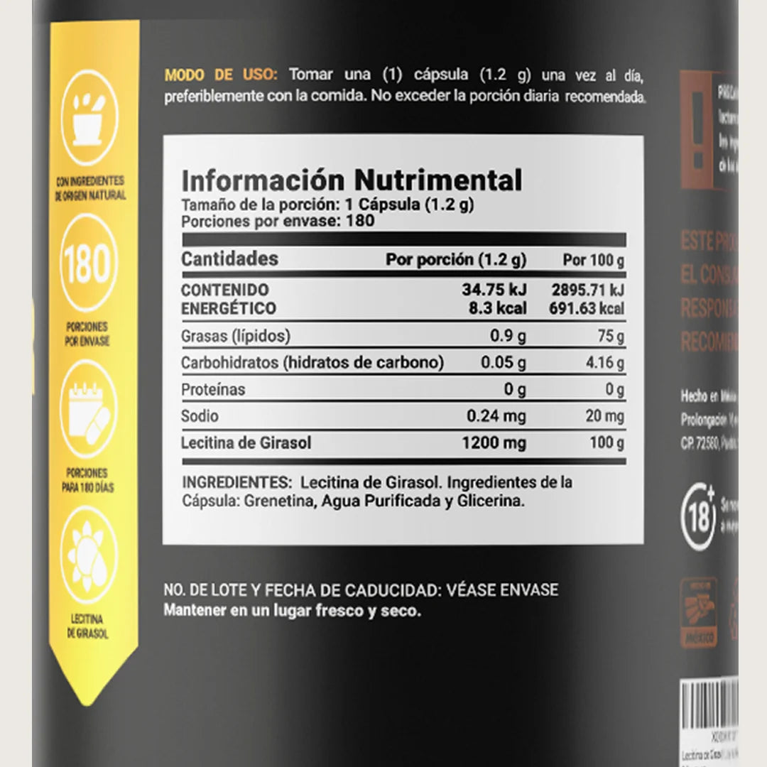 Sunflower Lecithin B Life. Suplemento de Lecitina de Girasol Natura 180 Caps