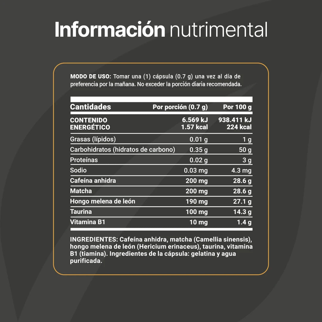 Caffeine Blend | Mezcla a base de Cafeína, Matcha, Hongo Melena de León, Taurina y Vitamina B1.  240 caps