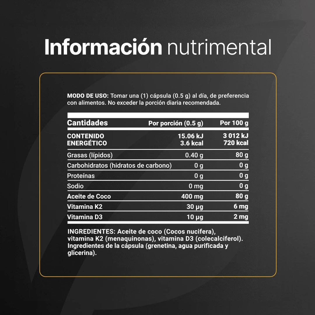 Coconut Oil D3+K2 | Aceite de Coco, Vitamina D3 y K2