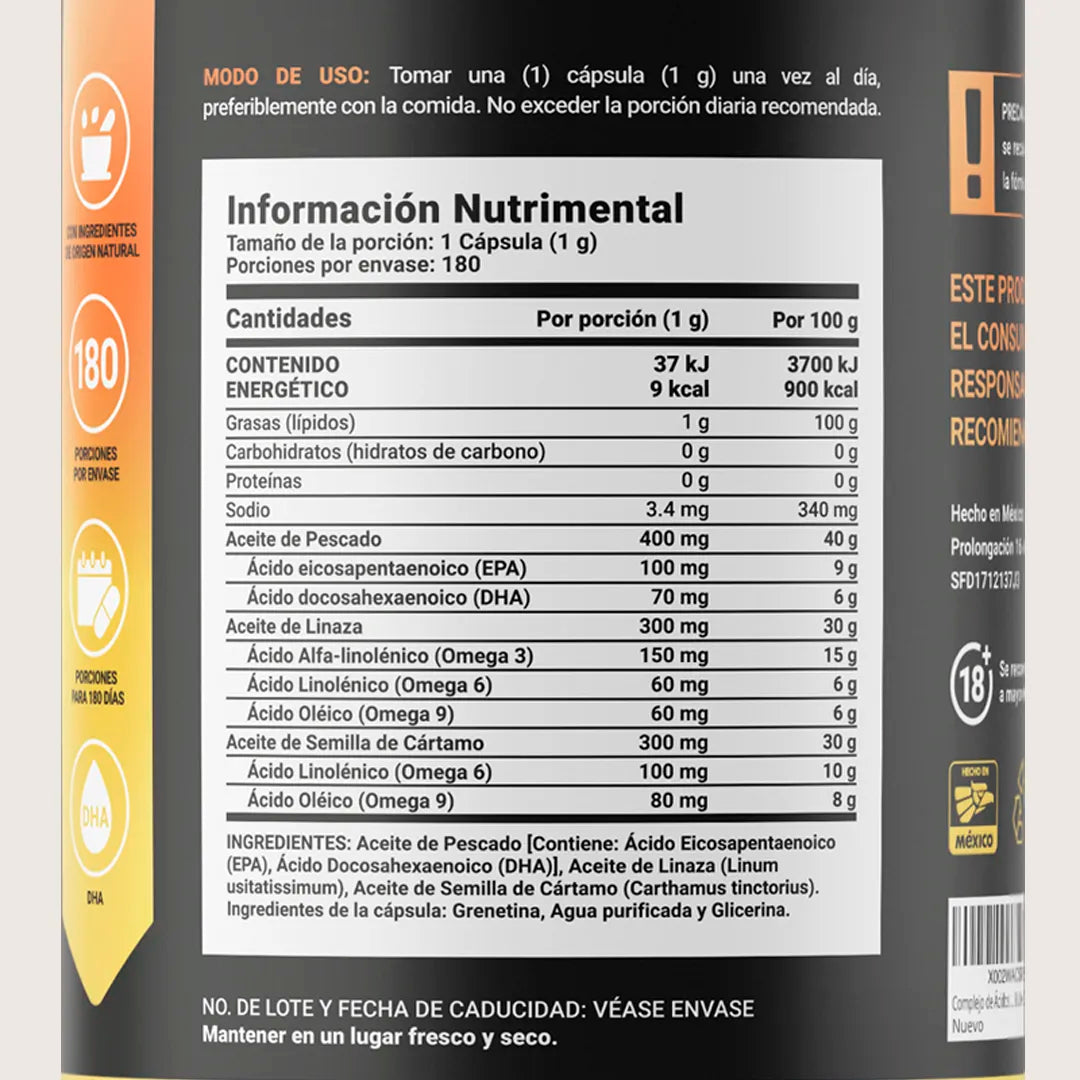 Omega 3-6-9 con Aceite de Pescado (EPA y DHA), Linaza y Cártamo | 1000 mg por Porción | B Life
